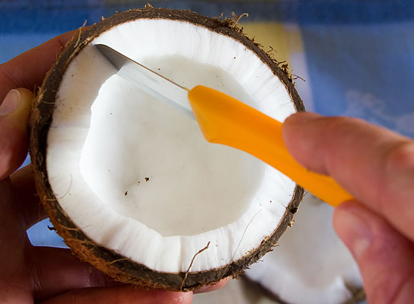 Fruchtfleisch der Kokosnuss mit Küchenmesser einschneiden