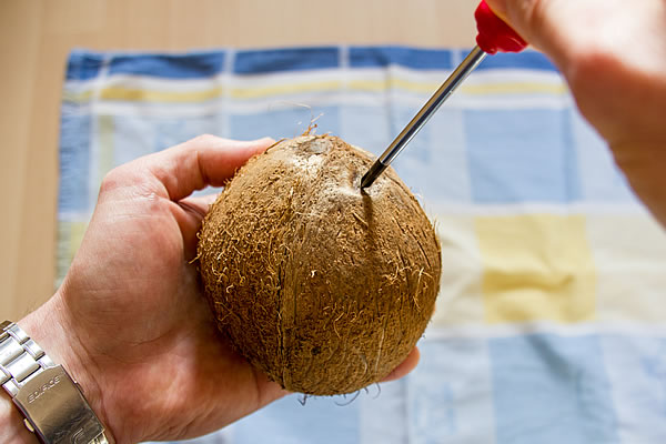 Kokosnuss: Löcher einstechen